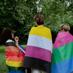 drie mensen in een parkachtige omgeving met verschillende regenboogvlaggen omgeslagen